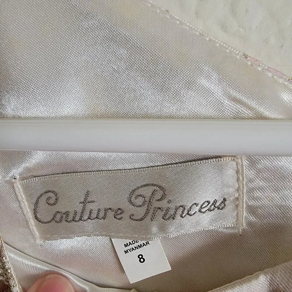 Couture Princess Girls Ivory Tulle Size 8 Pink-Gold Floral Brocade/rhinestone - Picture 4 of 7